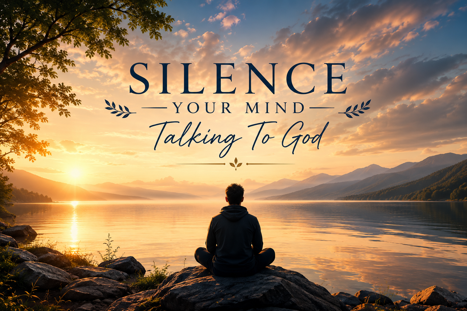 Meditation vid sjö i soluppgång
